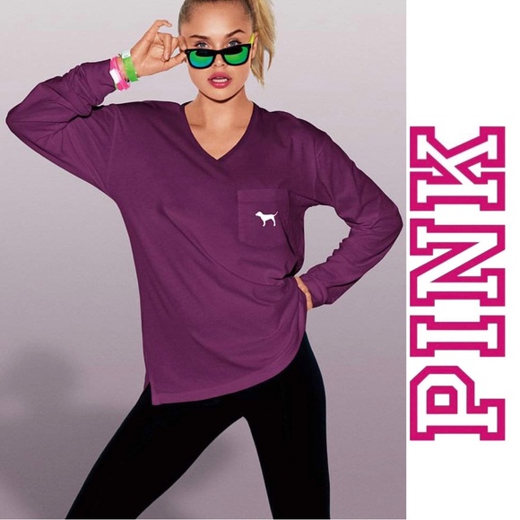 Victoria's Secret PINK | Maroon & White Long Sleeve Campus Tee | Size Medium - Picture 1 of 9